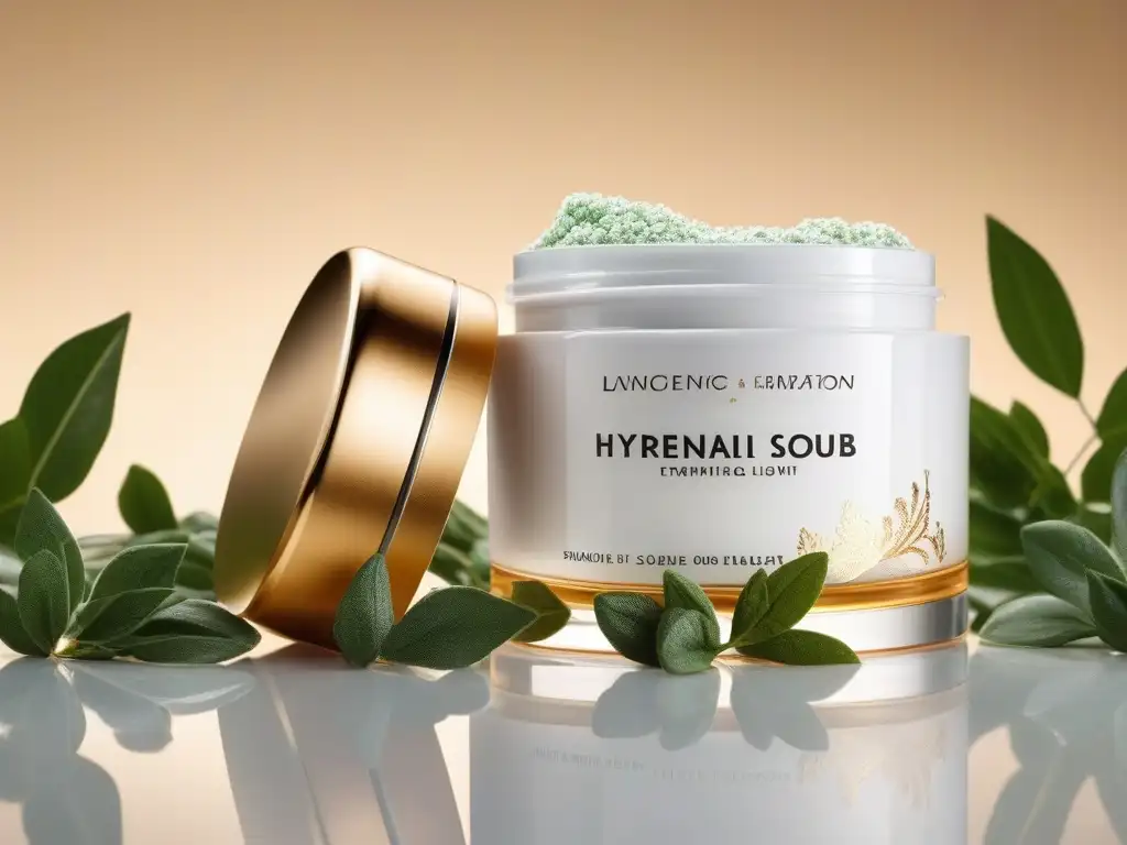 Exfoliante de lujo: oro y frescura en un diseño sofisticado Un exfoliante de lujo con diseño elegante y beneficios exfoliantes de lujo en un spa