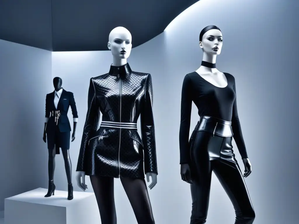 Maniquíes de moda andrógina en escenario futurista Una exhibición futurista desafiando géneros en un museo de moda