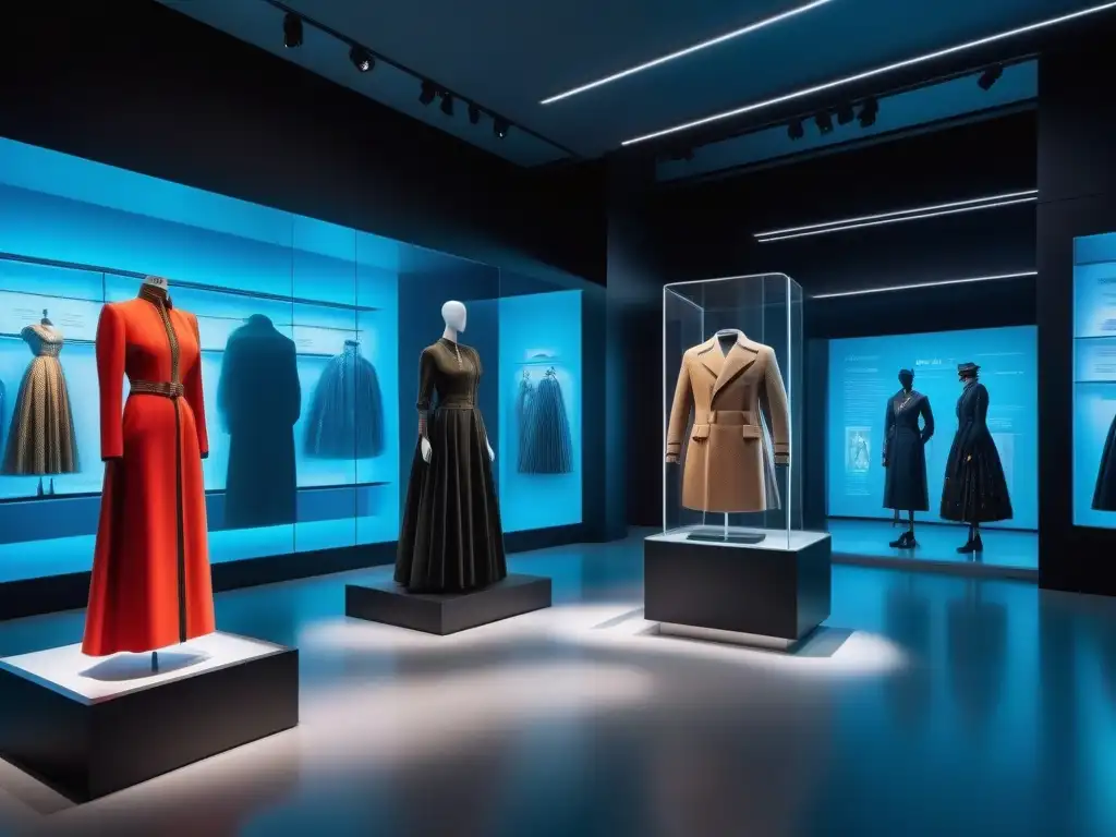 Exposición holográfica de moda: historia y tecnología Una exhibición de historia de la moda en museos: un salón futurista con hologramas interactivos y ropa icónica de diferentes épocas