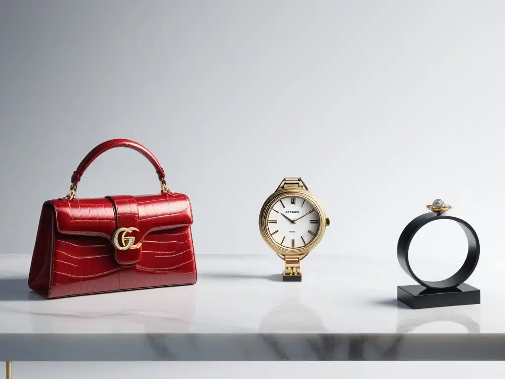 Exclusiva colección de accesorios de lujo inspirados en celebridades Una exhibición lujosa de accesorios de alta gama inspirados en celebridades, en una mesa de mármol blanco