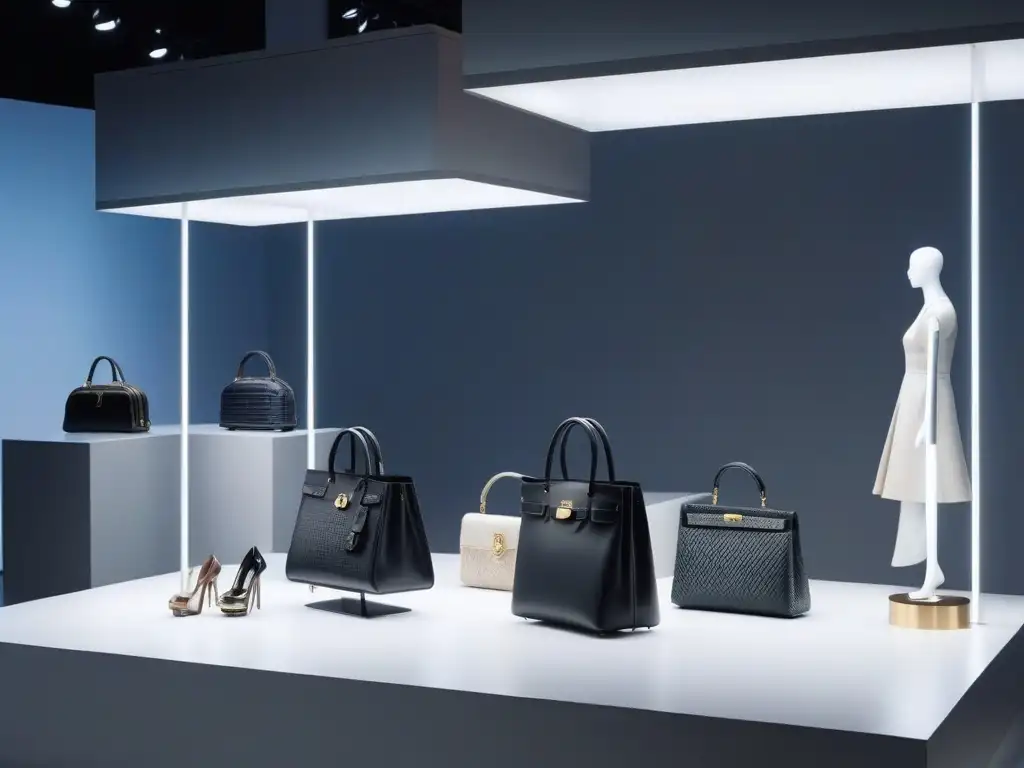 Exclusiva exhibición de bolsos de diseñador en un museo minimalista Una exhibición minimalista de complementos de diseñador en un museo de moda, con una iluminación suave y elegante