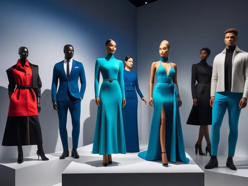 Maniquíes diversos en moda inclusiva en museo contemporáneo Una exhibición de moda inclusiva y diversa en un museo moderno, resaltando la belleza de la diversidad en la moda