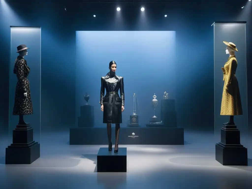 Exposición vanguardista de moda en museo: lujo y creatividad Una exhibición de moda vanguardia en un museo, repleta de innovación y elegancia