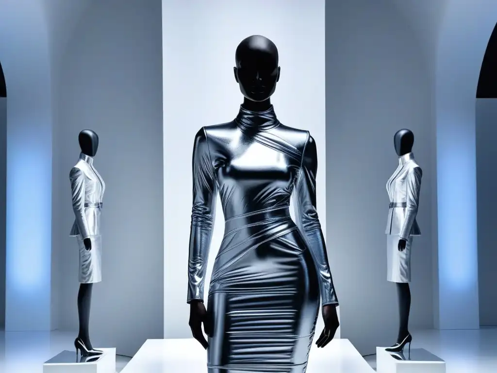 Exhibición vanguardista de moda en museo: diseño innovador Una exhibición de moda vanguardia en un museo: maniquíes metálicos con diseños innovadores en un espacio elegante y minimalista