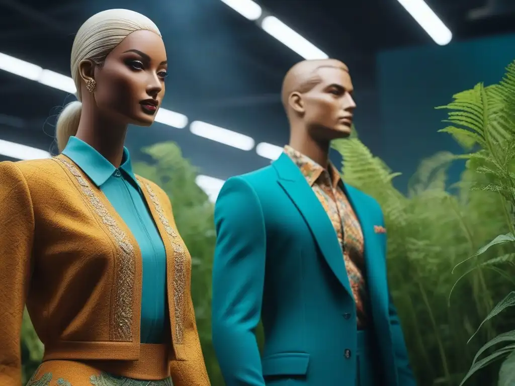 Moda sostenible: maniquíes diversos y ecofriendly Una exhibición moderna y vibrante de maniquíes diversos vistiendo ropa elegante y sostenible