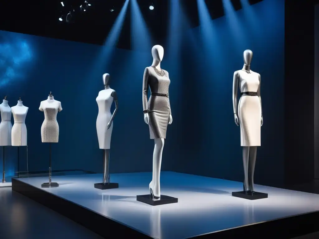 Exhibición de moda elegante y moderna con maniquíes altos y estilosos Una exhibición de museo de moda para altos: maniquíes elegantes en atuendos de diseñador, iluminados con luz suave y enfocada