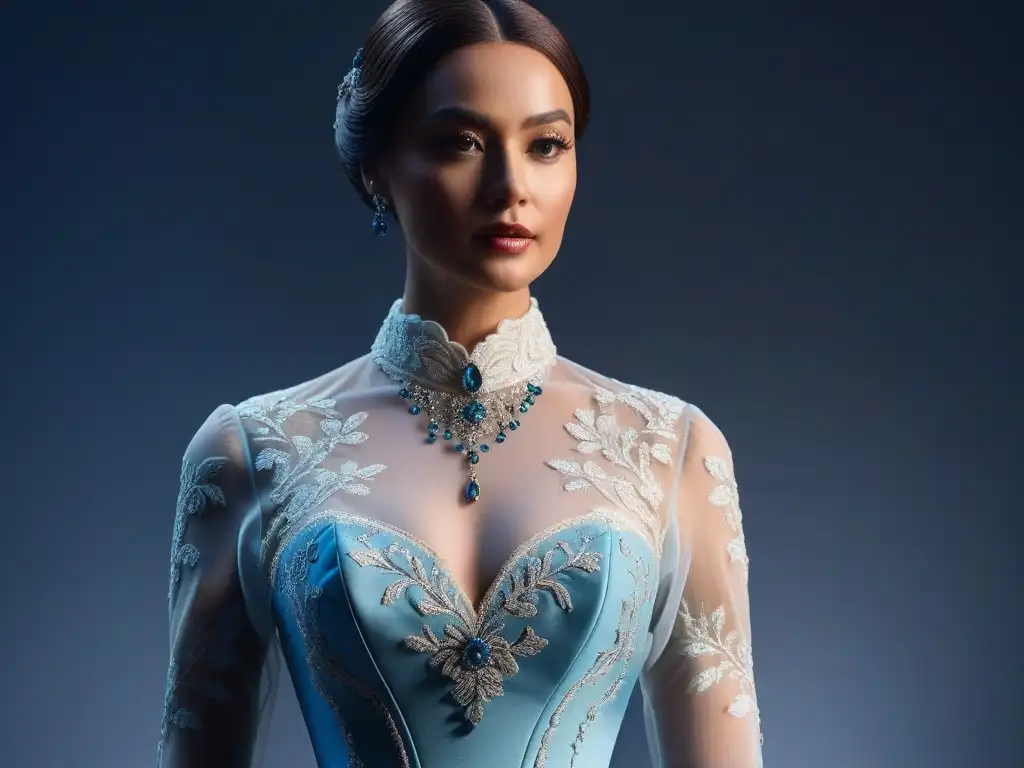 Exhibición de alta costura: deslumbrante fusión de moda y arte Exhibición de museo de moda contemporánea con un vestido de alta costura deslumbrante y detalles de Swarovski, iluminación ambiental suave