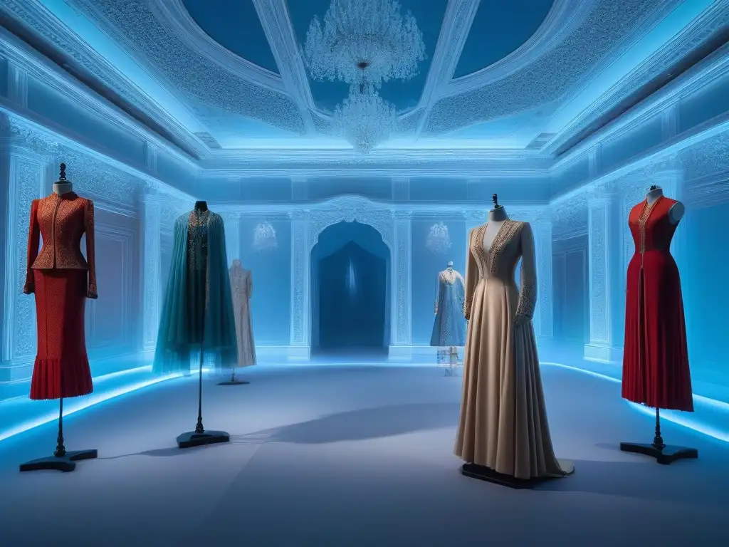 Exposición de seda: arte y elegancia en un espacio cautivador Una exhibición de sedas en moda: maniquíes exhiben elegantes creaciones en un espacio moderno y etéreo