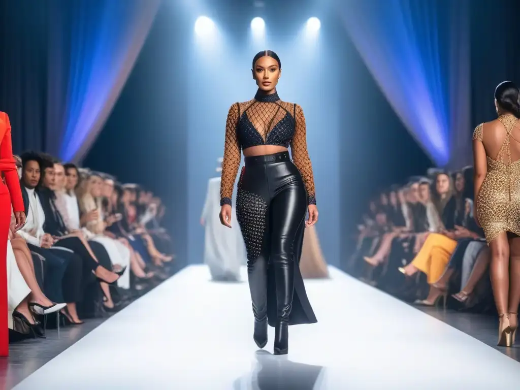 Desfile de moda inclusivo con modelos diversos y seguros Una exitosa campaña de moda inclusiva: modelos diversos desfilan con estilo en una pasarela moderna y luminosa