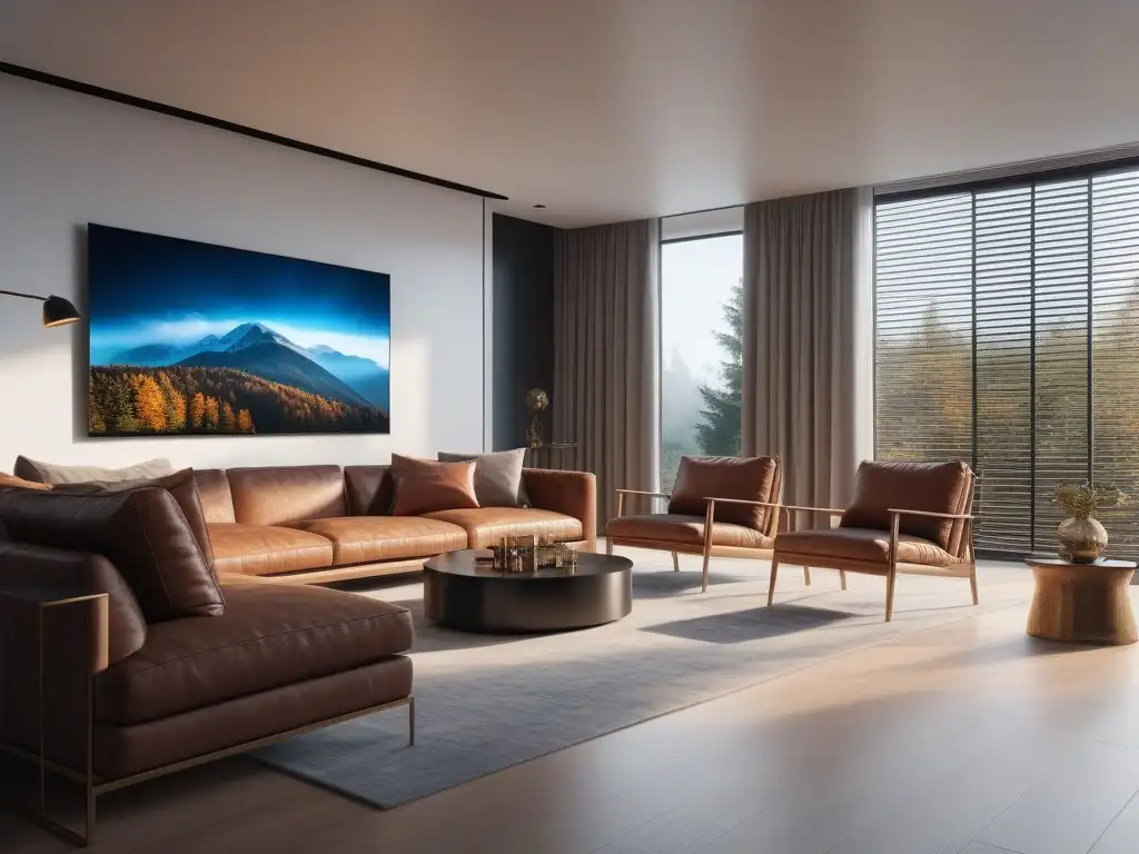 Experiencia de cine en casa: OLED curvo 8K en sala de lujo Una experiencia audiovisual de lujo con un sistema de entretenimiento integrado en un hogar minimalista