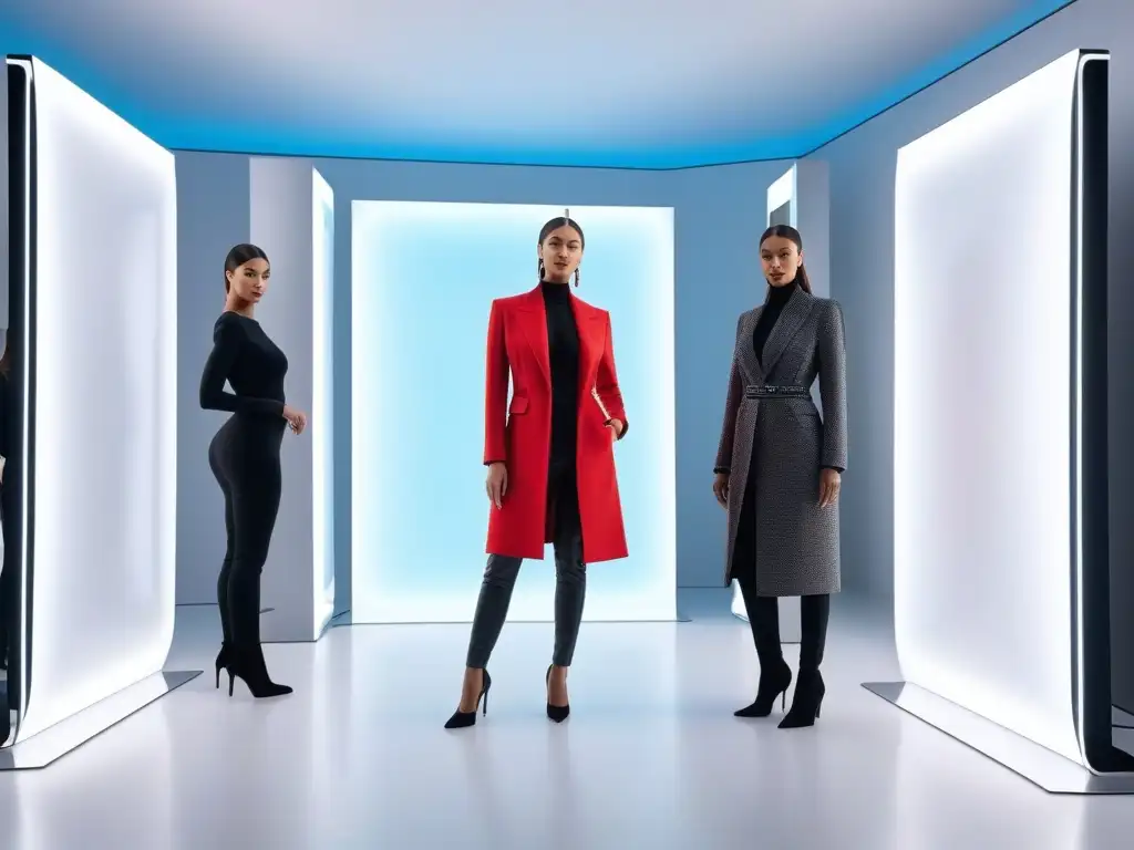 Moda inclusiva: modelos prueban ropa en fitting room virtual Una experiencia de compra innovadora en una sala de probadores virtual futurista con modelos de moda de diferentes tallas y formas