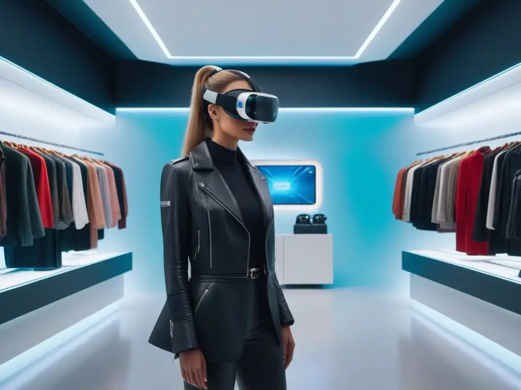 Experiencia de compra en realidad virtual para petites Una experiencia de compra para petite en un entorno virtual futurista y elegante