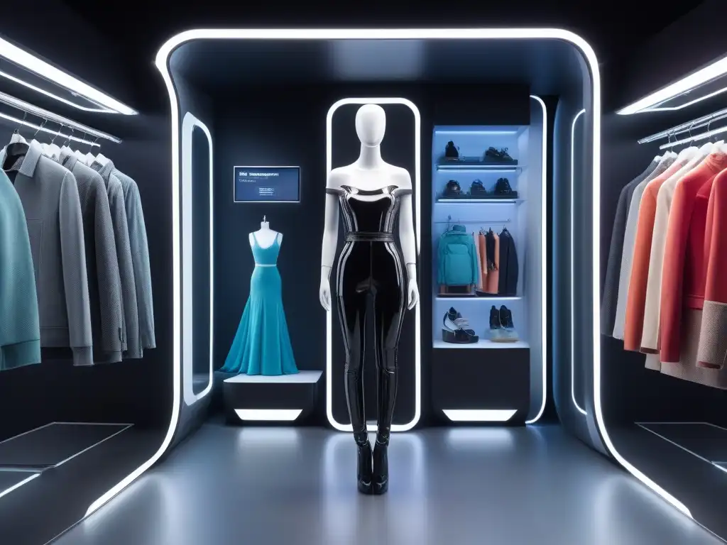 Futuro vestidor virtual para ropa petite: innovación y conveniencia Una experiencia de compra para Petite futurista con maniquí rodeado de hologramas de ropa
