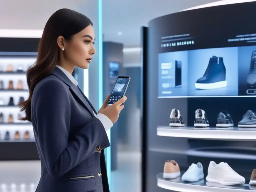 Compra tecnológica: experiencia futurista de compras para mujer elegante Experiencia de compra para Petite en tienda tecnológica futurista con pantalla interactiva y probador virtual de zapatos