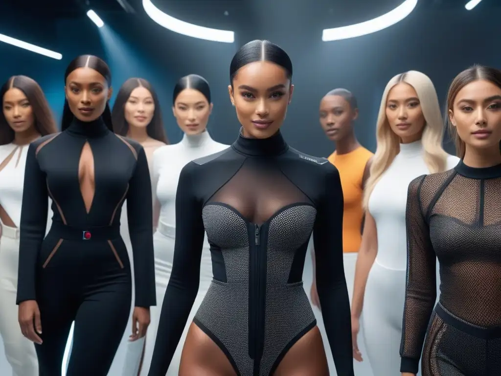 Experiencia de moda inclusiva en realidad virtual con ropa en 8k Una experiencia futurista de prueba de ropa virtual inclusiva, con diversidad de personas felices probándose ropa en realidad aumentada