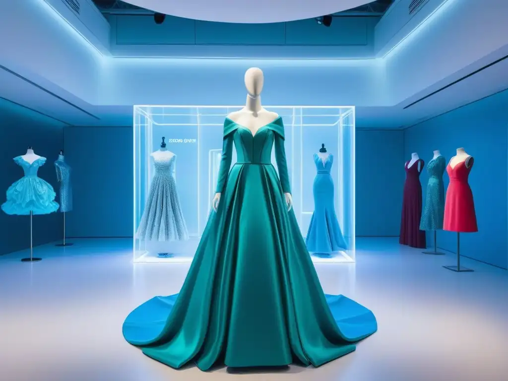Exhibición de moda de alta costura en VR Una experiencia virtual inmersiva en un museo de moda con vestidos de alta costura coloridos y detallados