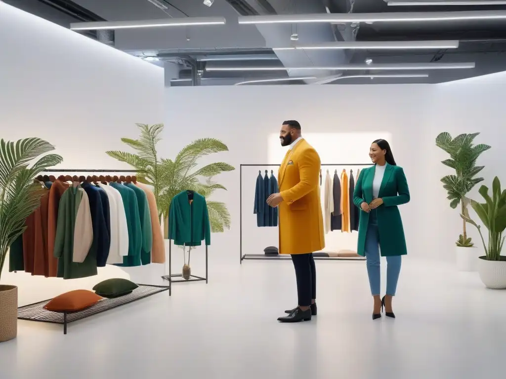 Moda inclusiva: Diversidad y alegría en la tienda Experiencias de compra moda diversa: Grupo diverso y feliz probándose ropa inclusiva en una tienda moderna y acogedora