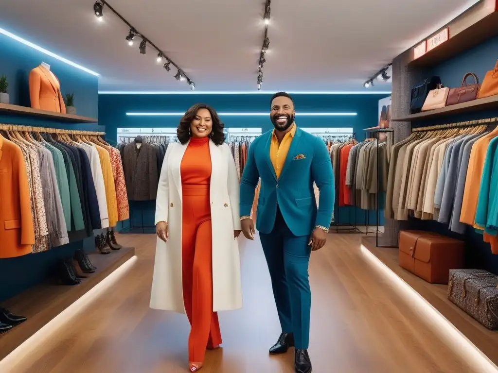 Diversidad y alegría: probando moda colorida en boutique inclusiva Experiencias de compra moda diversa: Personas felices de diferentes estilos y etnias prueban ropa colorida en una boutique moderna y acogedora