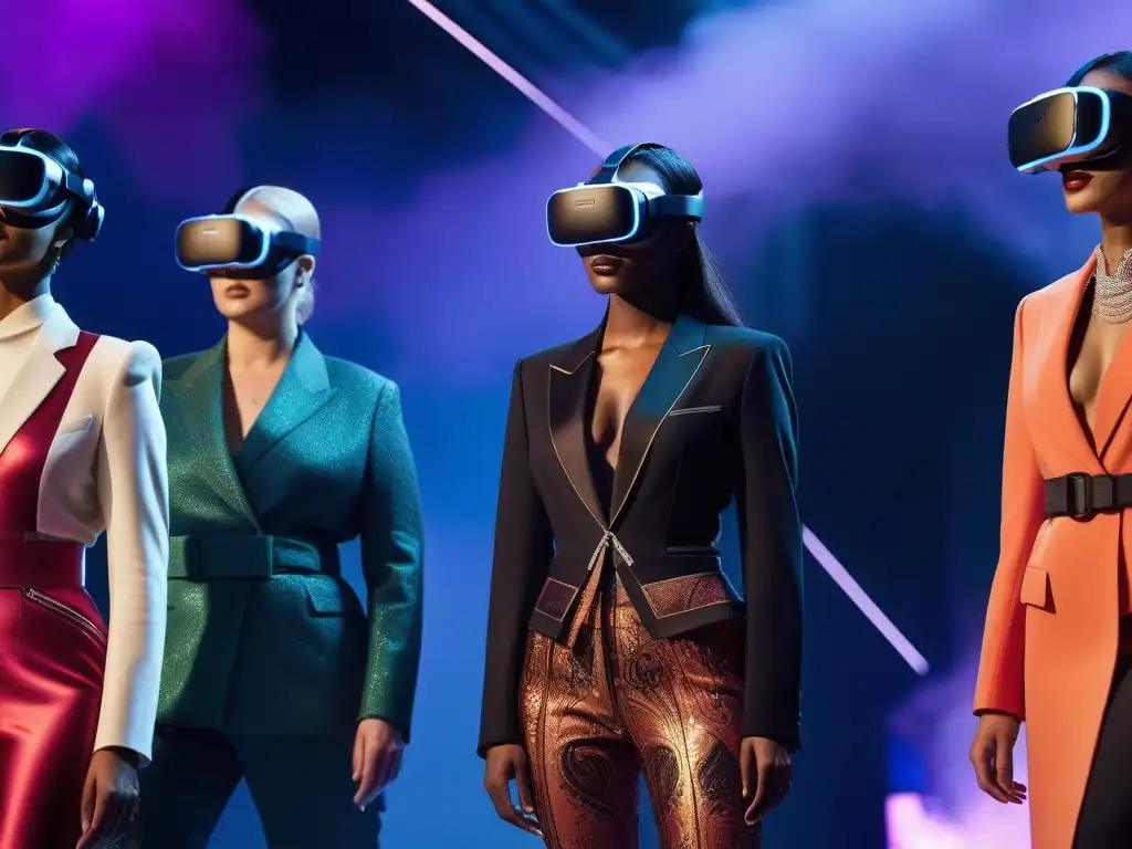 Desfile virtual: moda inclusiva en paisajes cambiantes Experiencias de moda en realidad virtual: Modelos diversos desfilan confiados por una pasarela digital con fondos cambiantes