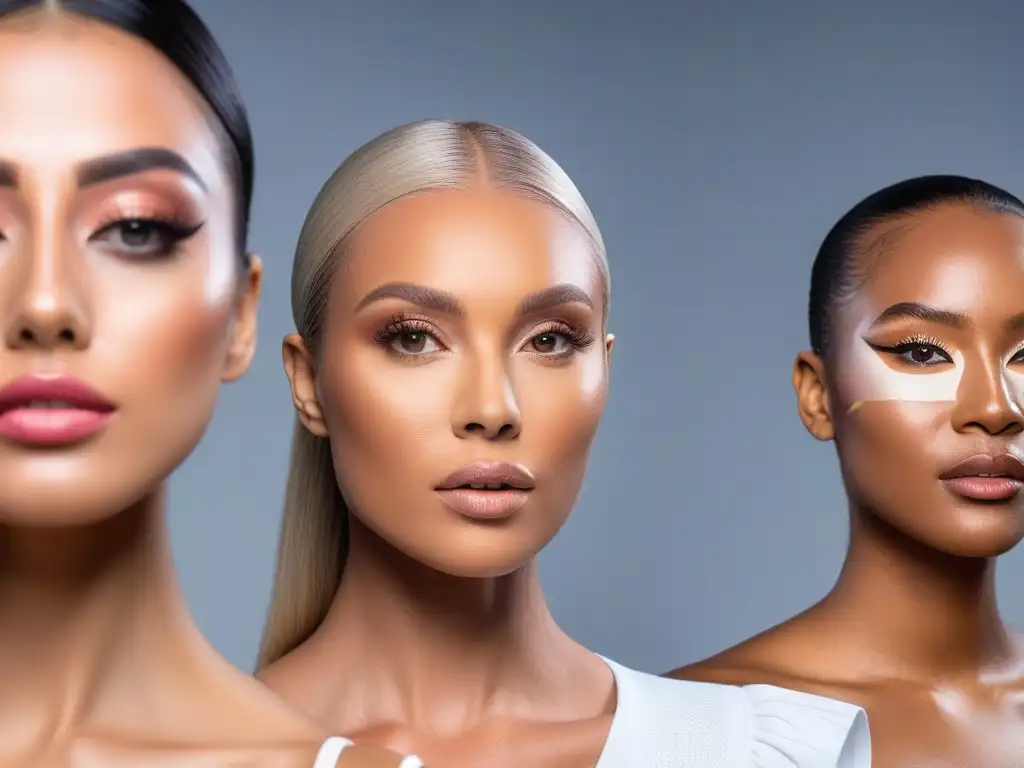 Maquilladores expertos aplican correctores de alta cobertura a distintos tonos de piel Expertas maquilladoras aplican correctores en tonos variados, mostrando inclusividad y expertise en un entorno moderno y luminoso