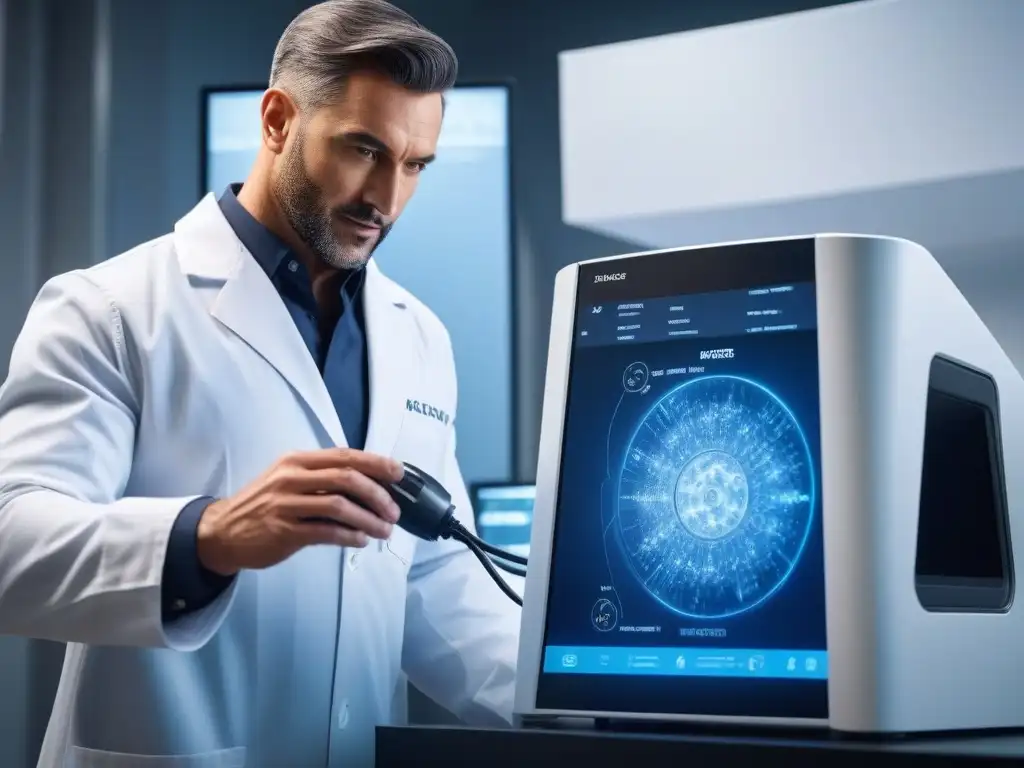 Máquina de Hidrolipoclasia: Tecnología Avanzada en Acción Un experto en bata blanca opera una máquina de Hidrolipoclasia futurista en una clínica moderna