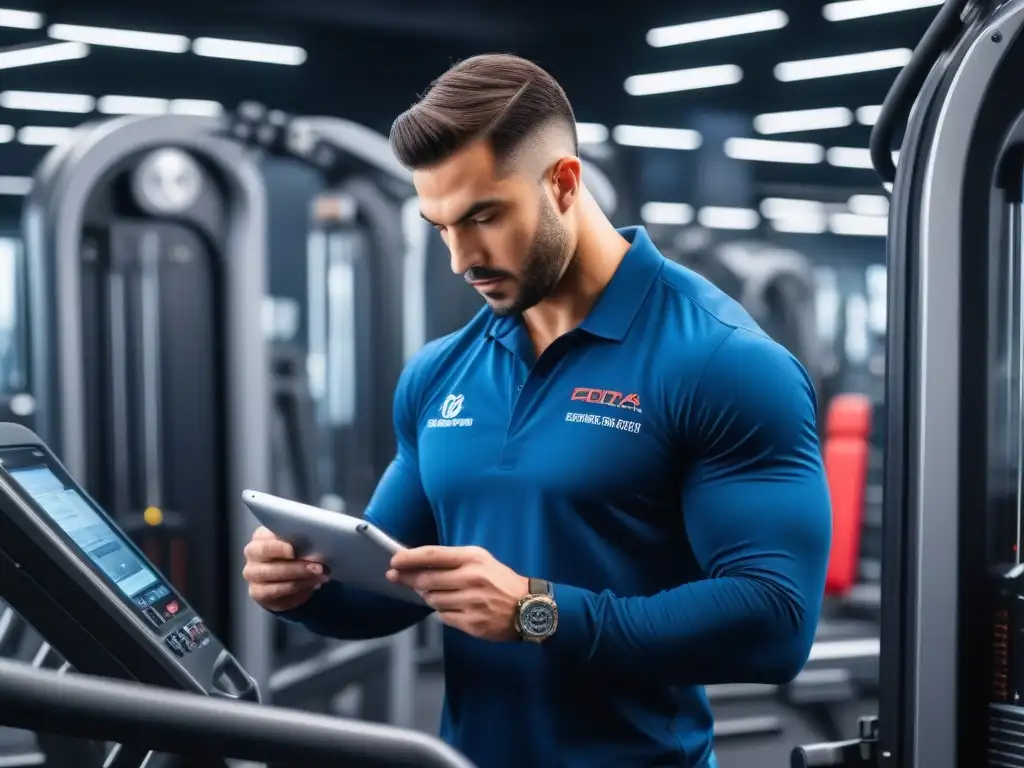 Experto en mantenimiento de gimnasios ajusta máquina premium con precisión Experto en mantenimiento de equipamiento fitness de lujo ajustando máquina premium