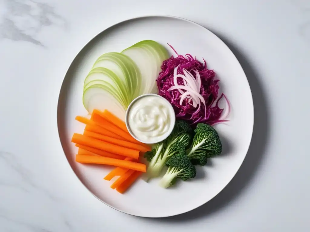 Deliciosos alimentos probióticos en un plato blanco Una explosión de colores y sabores en alimentos probióticos y prebióticos digestivos, en un plato blanco