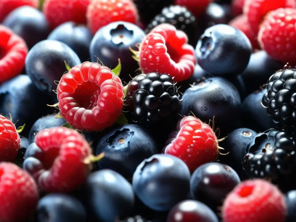 Berries vibrantes: frescura antioxidante en detalle Una explosión de frescura y vitalidad en bayas vibrantes con gotas de rocío, ideal para suplementos antioxidantes para combatir estrés