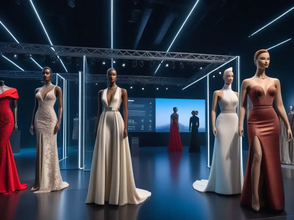 Exposición de alta costura inclusiva en museo futurista Una exposición de alta costura inclusiva en un museo futurista con maniquíes de diversas tonalidades y cuerpos, iluminados de forma etérea