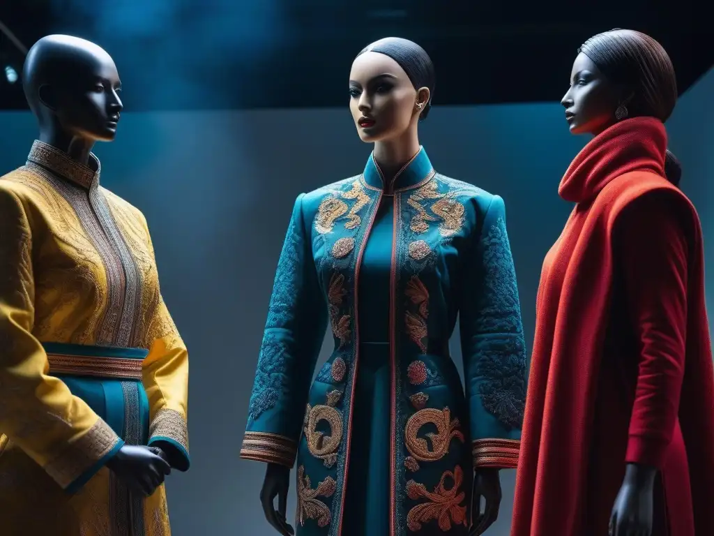 Exposición de moda étnica: colores y texturas vibrantes Una exposición de moda vibrante y diversa en un museo, con vestimenta étnica tradicional de todo el mundo