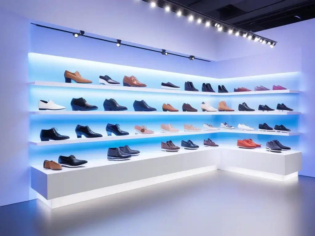 Exposición de zapatos inclusivos: diversidad y moda futurista Una exposición de moda de zapatos inclusivos en un entorno futurista, con variedad de estilos y diseños que cautivan a un grupo diverso de asistentes