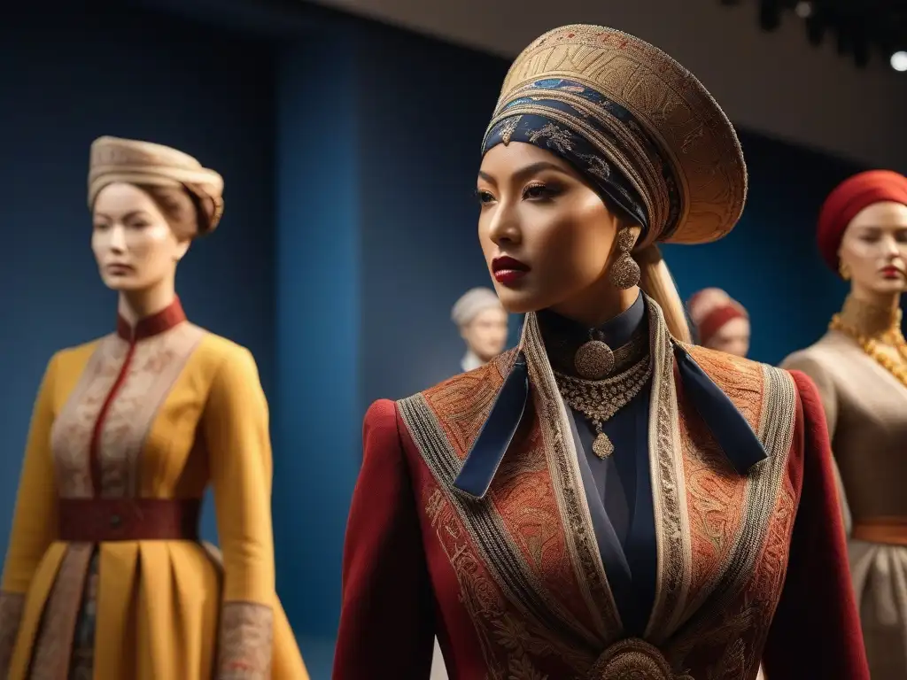 Exposición de moda multicultural: maniquíes en 8k Una exposición multicultural de maniquíes con atuendos históricos en un museo