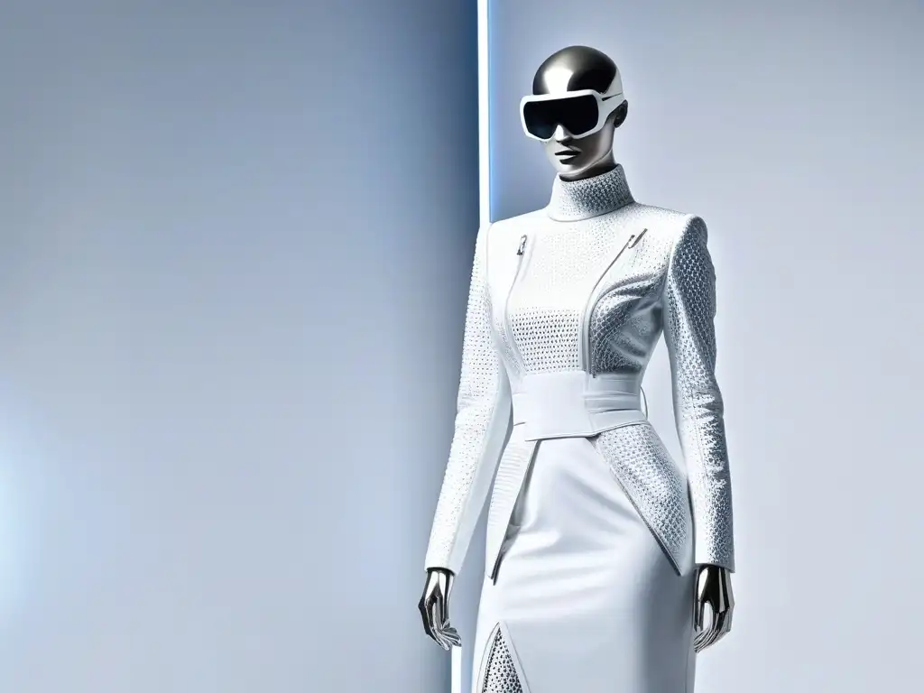 Exposición futurista de moda vanguardista en museo de diseño Una exposición en museo de moda vanguardia, con maniquíes metálicos en prendas innovadoras