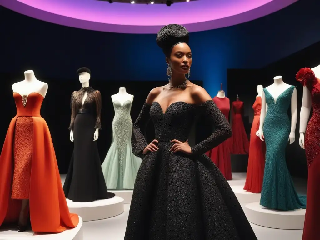 Exposición de alta costura: diversidad y elegancia Exposiciones de alta costura inclusivas: Grupo diverso admirando colección de moda en museo contemporáneo