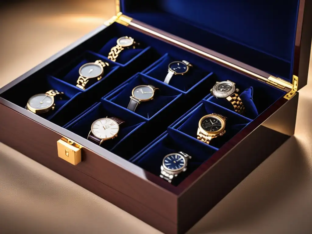 Exquisita joyería de lujo en elegante caja de madera oscura Exquisita caja de joyas de madera oscura con detalles en oro y joyas brillantes organizadas con cuidado