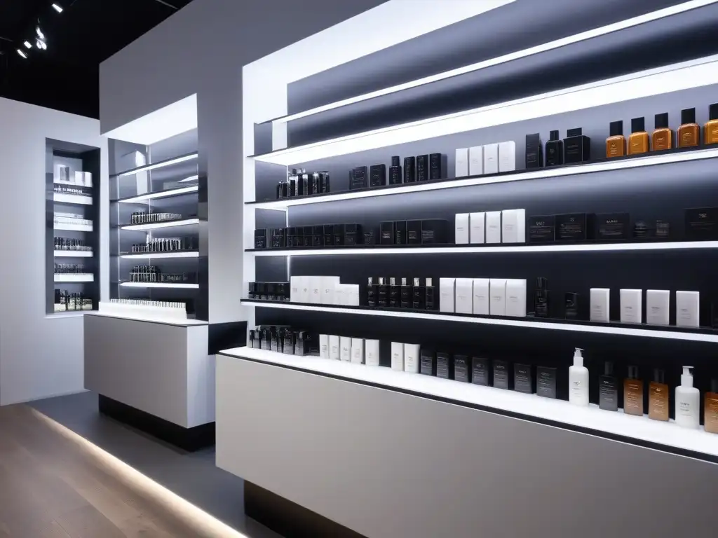 Salón de lujo: productos exclusivos para cuidado del cabello Exquisita exhibición de productos de belleza cabello alta gama en un salón moderno y lujoso