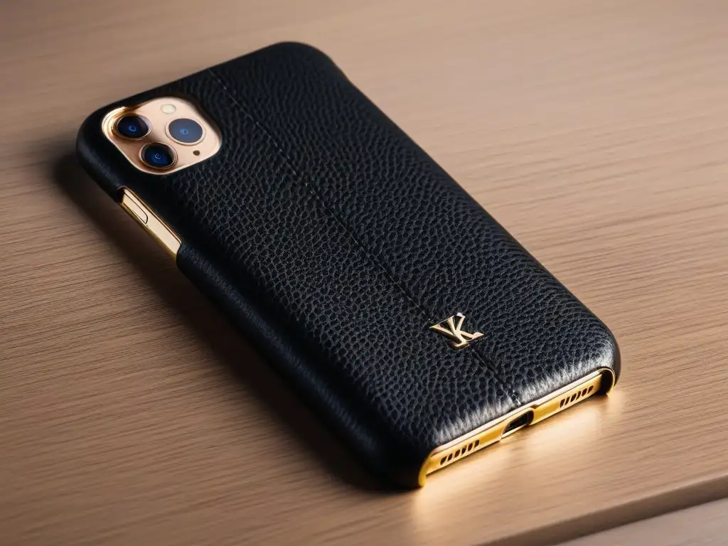 Funda de lujo de cuero negro con detalles dorados, elegancia y sofisticación Exquisita funda de lujo para dispositivos electrónicos en cuero negro con detalles dorados, elegante y sofisticada, sobre fondo blanco minimalista