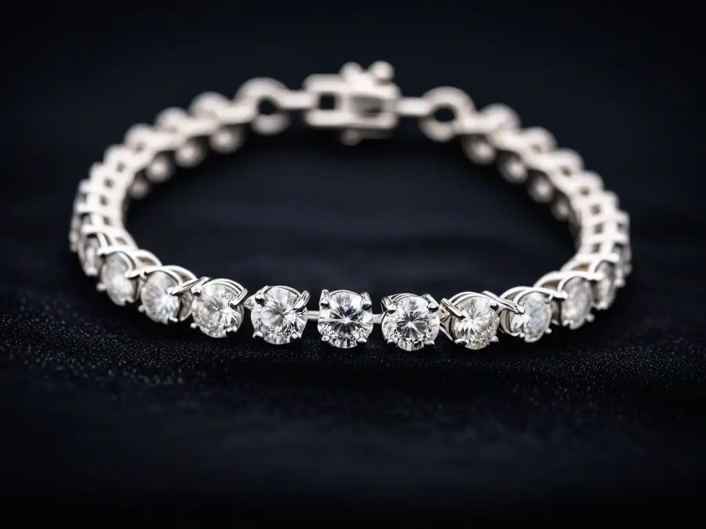 Pulsera de diamantes: lujo y sofisticación Exquisita pulsera de diamantes en un elegante cojín de terciopelo negro, en una joyería de lujo