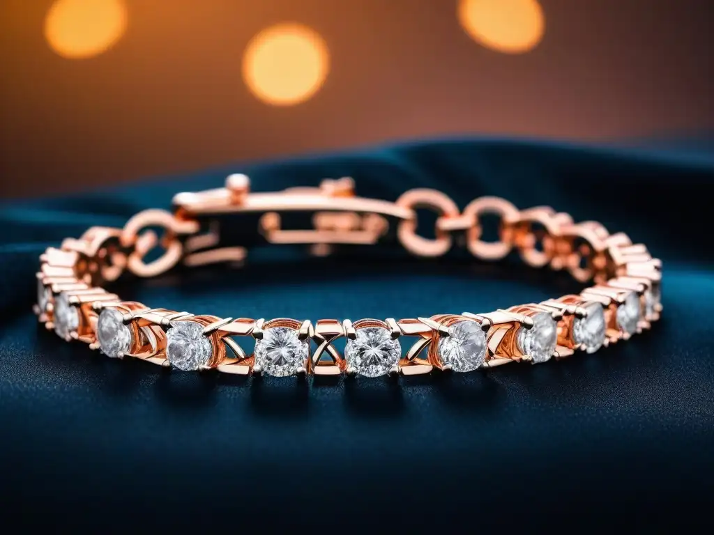 Pulsera de lujo en oro rosa con diamantes, sofisticada y elegante Exquisita pulsera de oro rosa con diamantes, sobre cojín de terciopelo negro, fondo de luces, ideal para ocasiones especiales