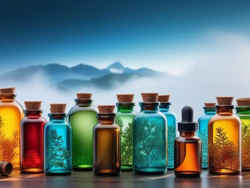 Esencia pura: vibrantes aceites esenciales en elegantes frascos de vidrio Una exquisita variedad de aceites esenciales para tipo piel en botellas de cristal, rodeada de botánicos frescos y luz natural suave