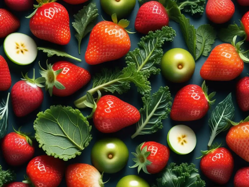 Exuberante variedad de frutas y verduras frescas en primer plano detallado Una exquisita variedad de frutas y verduras coloridas en un patrón vibrante, resaltando frescura y salud