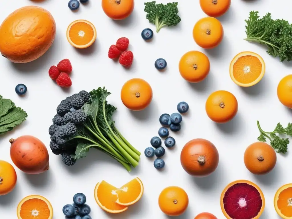 Exhibición saludable de frutas y verduras frescas en mármol blanco Una exquisita variedad de frutas y verduras coloridas resplandecen en un elegante mostrador de mármol blanco, iluminadas por una luz natural suave