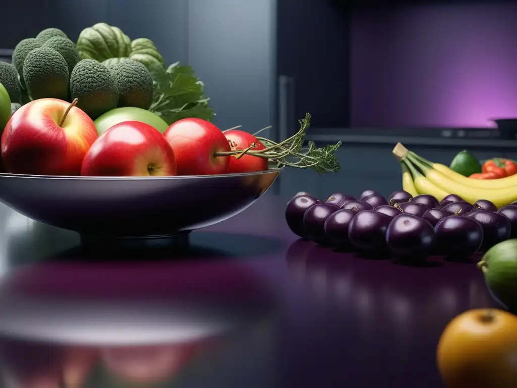 Exuberante variedad de frutas y verduras frescas en cocina moderna Una exquisita variedad de frutas y verduras frescas en un elegante mostrador de cocina
