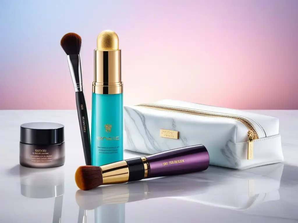 Productos de belleza de lujo: destellos, texturas y elegancia Una exquisita variedad de productos de belleza de lujo para todos los cuerpos, resplandeciendo en un elegante mostrador de mármol