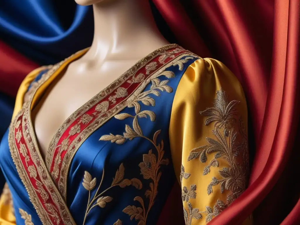Exquisita seda bordada en colores vibrantes Exquisitas exposiciones de seda en moda: tela de seda brillante con bordados en rojo, azul y amarillo sobre maniquí