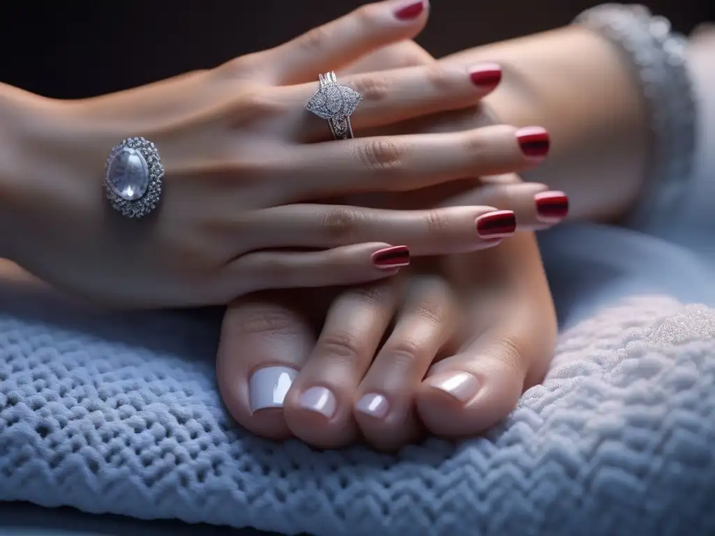 Manicura de lujo: Arte en uñas vibrante y detallado Un exquisito close-up de manos y pies con arte en uñas vibrante y detallado en un entorno de spa
