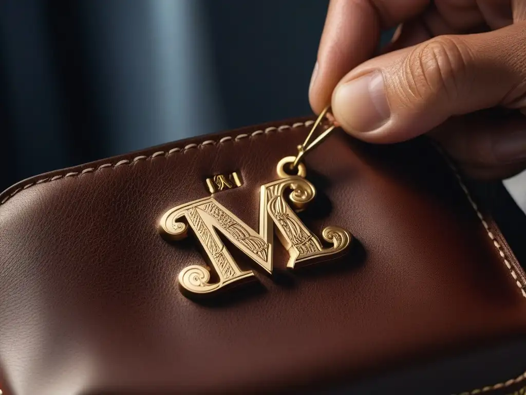 Artesano creando etiqueta de equipaje personalizada con monograma de lujo Exquisito monograma en equipaje de lujo cosido a mano con precisión y arte