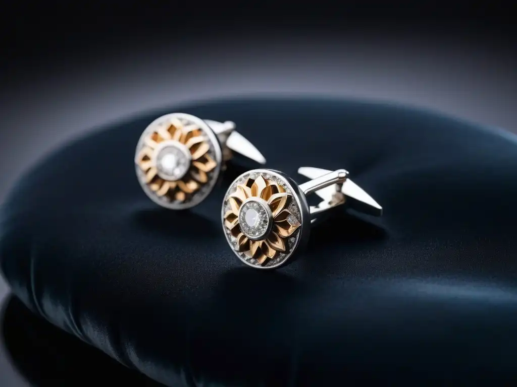 Cufflinks de oro y diamantes: lujo y elegancia a la medida Exquisitos gemelos de oro y diamantes sobre cojín terciopelo negro