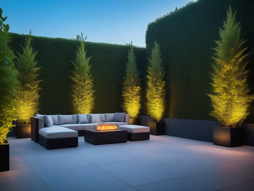 Terraza exterior moderna iluminada con luces inteligentes Iluminación exterior inteligente en jardín terraza con ambiente cálido y elegante