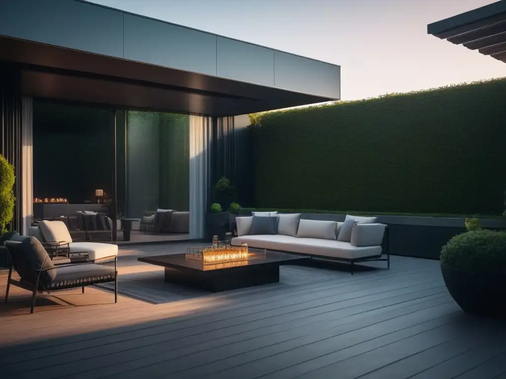 Terraza exterior moderna con iluminación de lujo y ambiente sofisticado Iluminación exterior inteligente en elegante terraza con muebles y vegetación exuberante, creando atmósfera sofisticada